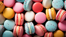 Colourful Macarons Backdrop. View From Above. Aesthetic Delicious Background. Pastel Colour Palette. Generative AI