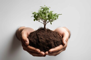 Wall Mural - Earth Day In The Hands Of Trees Growing Seedlings on white background