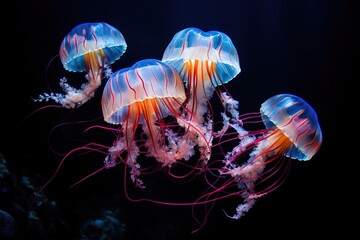 Fluorescent jellyfish in the ocean on a black background.