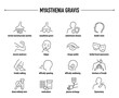 Myasthenia Gravis symptoms, diagnostic and treatment vector icons. Line editable medical icons.