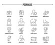 Psoriasis symptoms, diagnostic and treatment vector icons. Line editable medical icons.