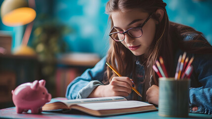 High school student in a classroom, desk displaying a workbook, pencils, and a piggy bank against a blue background. Generative AI