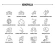 Hemophilia symptoms, diagnostic and treatment vector icons. Line editable medical icons.
