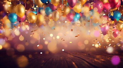 A festive and colorful party with flying neon confetti on a golden background