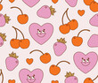 Seamless pattern with heart retro character, cherry, and strawberry. Vector illustration in trendy retro cartoon style. Love, Valentine's Day.