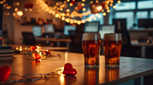 Cinematic Photograph Of Two Beer Pint At An Office. Dim Lights. Heart Shaped Balloons And Confeti. Valentines. Love