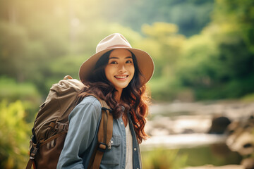 Asian female backpacker traveling alone explores while walking in the nature forest with happiness and fun in the forest enjoying their vacation.