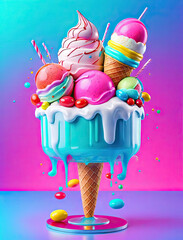 Wall Mural - Vibrant 3D Renderings - Photorealistic pop art illustrations of ice cream float and surprise cake filling with neon geometric shapes Gen AI