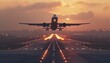 Airplane takeoff from runway. Dramatic aerial scene and travel imagery.