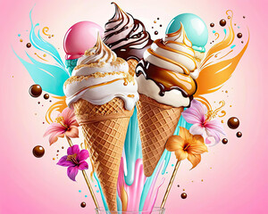 Poster - Vibrant Pop Art Ice Cream Parlor with Lush Floral Decorations and Exaggerated Milkshake Elements Gen AI