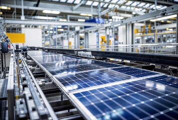 Wall Mural - Solar panels on conveyor belt in factory.