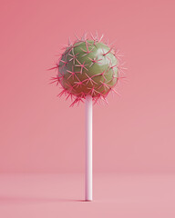 Wall Mural - Round candy lollipop in the shape of a cactus on a pink background conceptual photo