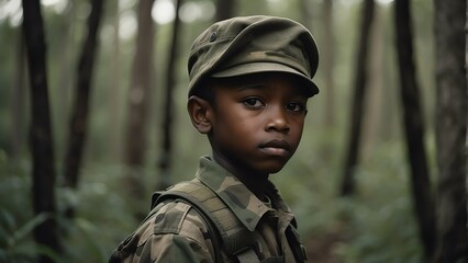 Wall Mural - Portrait of a child soldier on camouflage uniform and forest background from Generative AI