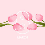 Fototapeta Tulipany - Background for March 8. Pink tulips with number 8. Happy International Women's Day. Vector illustration.