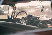 Vintage Car Interior With Steering Wheel And Dashboard. Retro Car Background