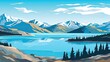 cartoon illustration Stunning turquoise lake surrounded by mountains.