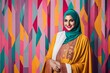 modern colorful stylish outfit photoshoot of a muslim hijab woman in dynamic shot happy and positive for modest trendy arab women fashion as wide banner with copysapce area
