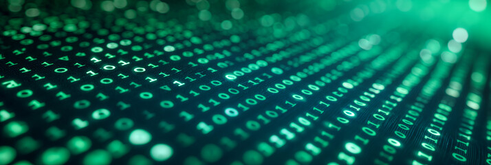 Green digital binary data on computer screen background