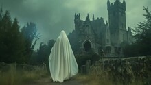 White Female Ghost Silhouette. Beautiful Scary Horror Scene. Mystery Cloak Man Outside Old Ancient Gothic Castle. Creepy Woman Shadow. Girl Spirit Walk Outdoor. Mysterious Person Stroll At Cemetery.