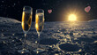Cinematic photograph of two glasses of champagne at the moon surface. Sunlight. Heart shaped balloons and confeti. Valentines. Love
