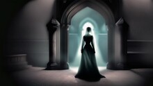 Female Ghost Silhouette. Beautiful Scary Horror Scene. Mystery Dead Bride In Wedding Dress Inside Ancient Gothic Castle. Creepy Woman Shadow. Pretty Girl Spirit Walk Indoor. Mysterious Person Story.