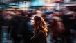 Dynamic photo urban life, woman walking amidst a bustling city crowd, motion blur. Pace of city living, blurred movement dynamism, city lifestyle