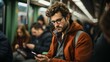 © Maik Meid - Stylish Young Man Engrossed in Smartphone on Busy Metro, Everyday Urban Commute