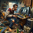 a humorous theme depicting a person addicted to computer games. The notorious gamer is playing on a PC, with high detail