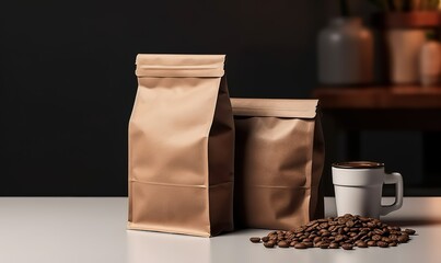 Wall Mural - Coffee packaging made of brown paper combines with a coffee cup and roasted coffee beans on the side. generative AI