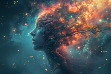 A Woman's Mind Blossoms Like A Nebula, Branching Out Into The Universe Of Possibilities, Guided By The Rooted Wisdom Of Her Tree