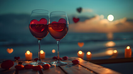 Cinematic photograph of two red wine glasses in a beach rooftop. Heart shaped balloons and confeti. Valentines. Love