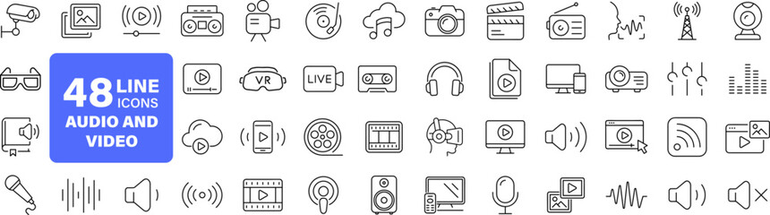 Aufkleber - Audio Video set of web icons in line style. Music and Video icons for web and mobile app. Podcast, video media player, radio, song. Vector illustration
