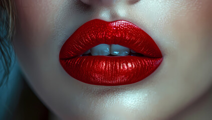 a bold and alluring close-up of a woman's lips, adorned with red lipstick and framed by long lashes,