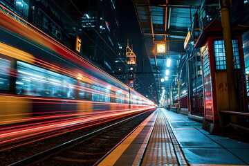 train at night in a city driving in motion with light trails at a railway station.