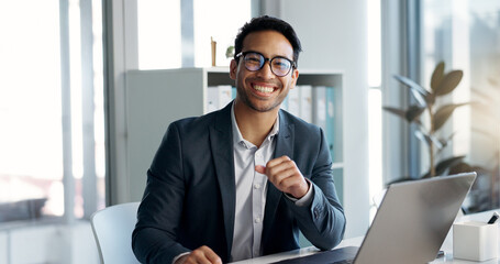 Aufkleber - Happy, office laptop and business man, bank consultant or admin worker with career smile, job experience or pride. Corporate portrait, administration and professional person working on online account
