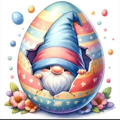 Wall Mural - An illustration of an Easter egg cracked open ,with a cute gnome with its hat covering its face surprise inside