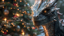 A Majestic Dragon Statue Stands Tall Amidst The Winter Wonderland, Adorned With A Festive Christmas Tree, Evoking Feelings Of Holiday Magic And Mythical Beauty In An Outdoor Setting