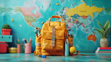 Full School Backpack With Books On World Map Background. Back To School Concept. World Education Day, Book Day, School Day, Digital Ai Art,  Generative Ai