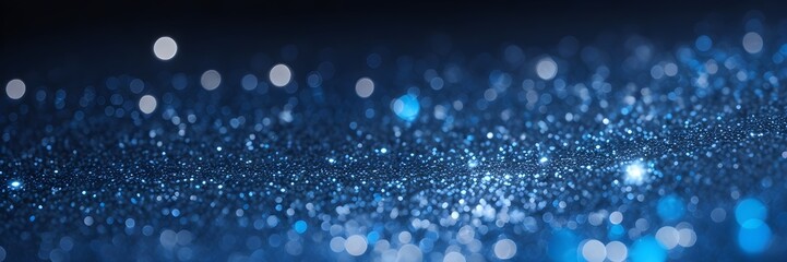 Blue glitter background banner. Abstract blue backdrop with shiny particles and bokeh lights.
