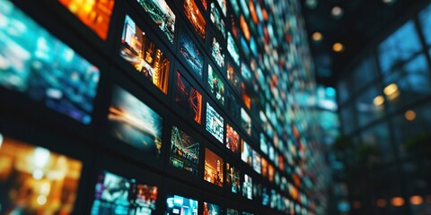 a display of multiple screens for broadcasting multimedia videos.