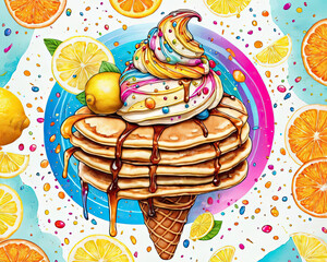 Wall Mural - Vibrant Pop Art Illustration Collage with Pancakes, Ice Cream, and Citrus Fruits Gen AI