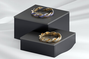 Canvas Print - 3D illustration of a gold and platinum spiral diamond ring on a black display stand. 3D rendering.