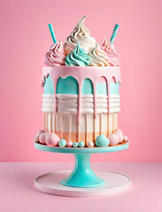 Wall Mural - Photorealistic Pop Art Pastel Cake with Milkshake Elements and Subtle Gradients Gen AI