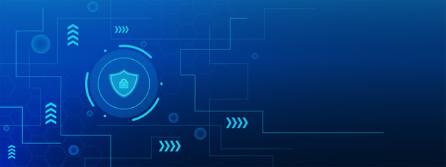 Cyber security, internet network protection and data privacy policy concept with shield and lines on a technology background.