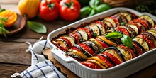 A Classic French Vegetable Dish, Ratatouille Casserole, Displayed On A Wooden Table, Perfect For Those Following A Vegan Diet. Ideal For Menu Or Banner.