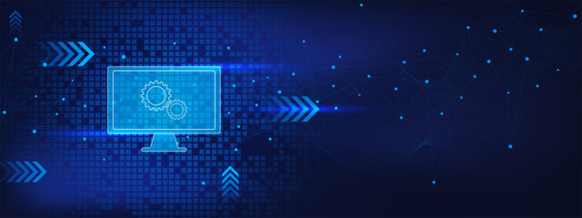 System administration and technical support concept with monitor, gear and connecting dots and lines. Remote access and control of desktop computer.