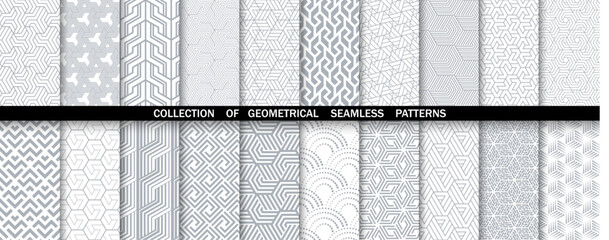 Geometric set of seamless gray and white patterns. Simple vector graphics.