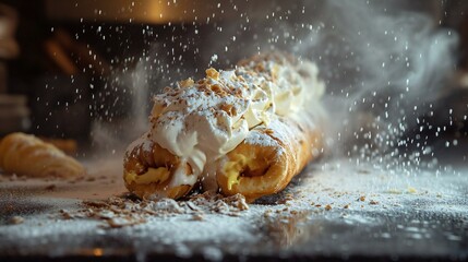 a pastry with powdered sugar on top of it
