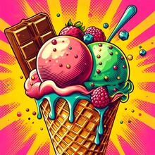 Pop Art Background With Female Hand Holding Bright Ice Cream  On Halftone Background. Colorful Illustration In Retro Comic Style.