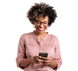 Happy African American woman using cell phone, cut out